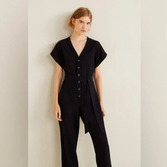 Mango Pants - MNG Short Cuffed Sleeve V-Neck Button Front Viscose Blend Jumpsuit (M)